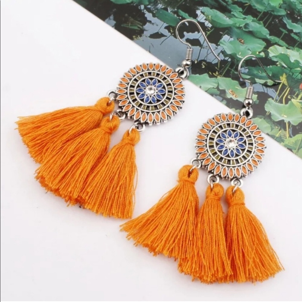 🆕 Orange Boho Tassel Dangling lightweight medallion mandala Earrings